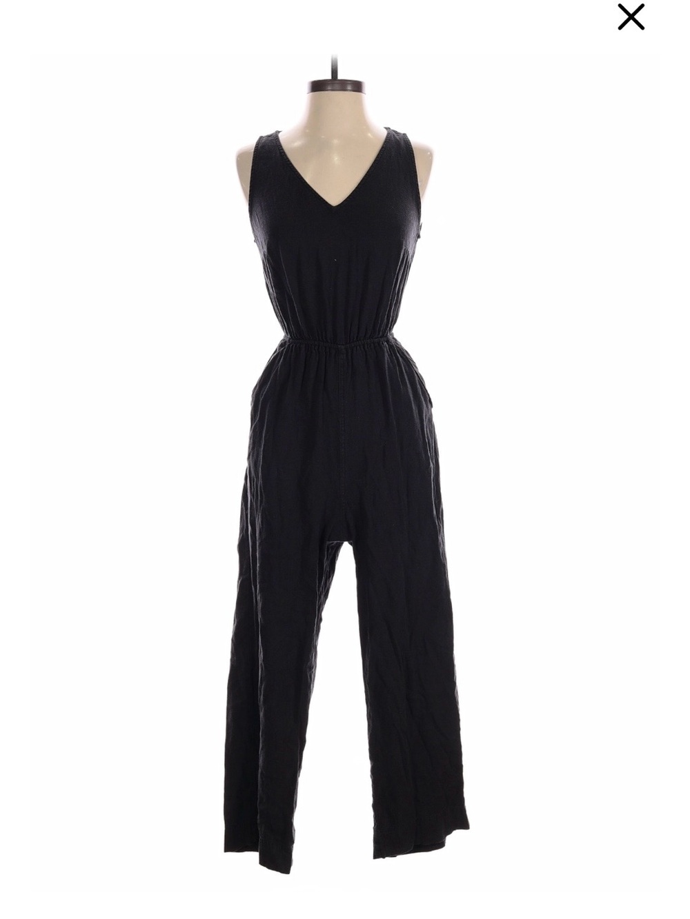 Linen blend Sleeveless Black V-Neck Jumpsuit with Elastic Waist and back cut out